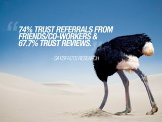 74% TRUST REFERRALS FROM
FRIENDS/CO-WORKERS &
67.7% TRUST REVIEWS.
- SATISFACTS RESEARCH
“ “
 