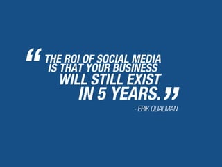THE ROI OF SOCIAL MEDIA
IS THAT YOUR BUSINESS
WILL STILL EXIST
IN 5 YEARS.
“ “
- ERIK QUALMAN
 