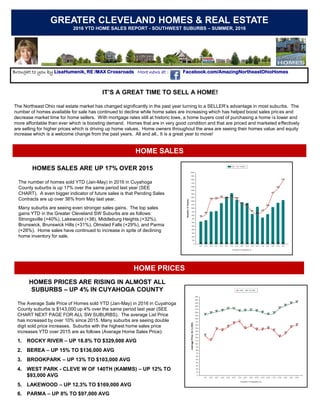 GREATER CLEVELAND HOMES & REAL ESTATE
2016 YTD HOME SALES REPORT - SOUTHWEST SUBURBS – SUMMER, 2016
Brought to you by LisaHumenik, RE /MAX Crossroads More news at : Facebook.com/AmazingNortheastOhioHomes
HOME SALES
IT’S A GREAT TIME TO SELL A HOME!
The Northeast Ohio real estate market has changed significantly in the past year turning to a SELLER’s advantage in most suburbs. The
number of homes available for sale has continued to decline while home sales are increasing which has helped boost sales prices and
decrease market time for home sellers. With mortgage rates still at historic lows, a home buyers cost of purchasing a home is lower and
more affordable than ever which is boosting demand. Homes that are in very good condition and that are priced and marketed effectively
are selling for higher prices which is driving up home values. Home owners throughout the area are seeing their homes value and equity
increase which is a welcome change from the past years. All and all.. It is a great year to move!
HOME PRICES
HOMES SALES ARE UP 17% OVER 2015
The number of homes sold YTD (Jan-May) in 2016 in Cuyahoga
County suburbs is up 17% over the same period last year (SEE
CHART). A even bigger indicator of future sales is that Pending Sales
Contracts are up over 36% from May last year.
Many suburbs are seeing even stronger sales gains. The top sales
gains YTD in the Greater Cleveland SW Suburbs are as follows:
Strongsville (+40%), Lakewood (+38), Middleburg Heights (+32%),
Brunswick, Brunswick Hills (+31%), Olmsted Falls (+29%), and Parma
(+26%). Home sales have continued to increase in spite of declining
home inventory for sale.
HOMES PRICES ARE RISING IN ALMOST ALL
SUBURBS – UP 4% IN CUYAHOGA COUNTY
The Average Sale Price of Homes sold YTD (Jan-May) in 2016 in Cuyahoga
County suburbs is $143,000 up 4% over the same period last year (SEE
CHART NEXT PAGE FOR ALL SW SUBURBS). The average List Price
has increased by over 10% since 2015. Many suburbs are seeing double
digit sold price increases. Suburbs with the highest home sales price
increases YTD over 2015 are as follows (Average Home Sales Price):
1. ROCKY RIVER – UP 18.8% TO $329,000 AVG
2. BEREA – UP 15% TO $136,000 AVG
3. BROOKPARK – UP 13% TO $103,000 AVG
4. WEST PARK - CLEVE W OF 140TH (KAMMS) – UP 12% TO
$93,000 AVG
5. LAKEWOOD – UP 12.3% TO $169,000 AVG
6. PARMA – UP 8% TO $97,000 AVG
 