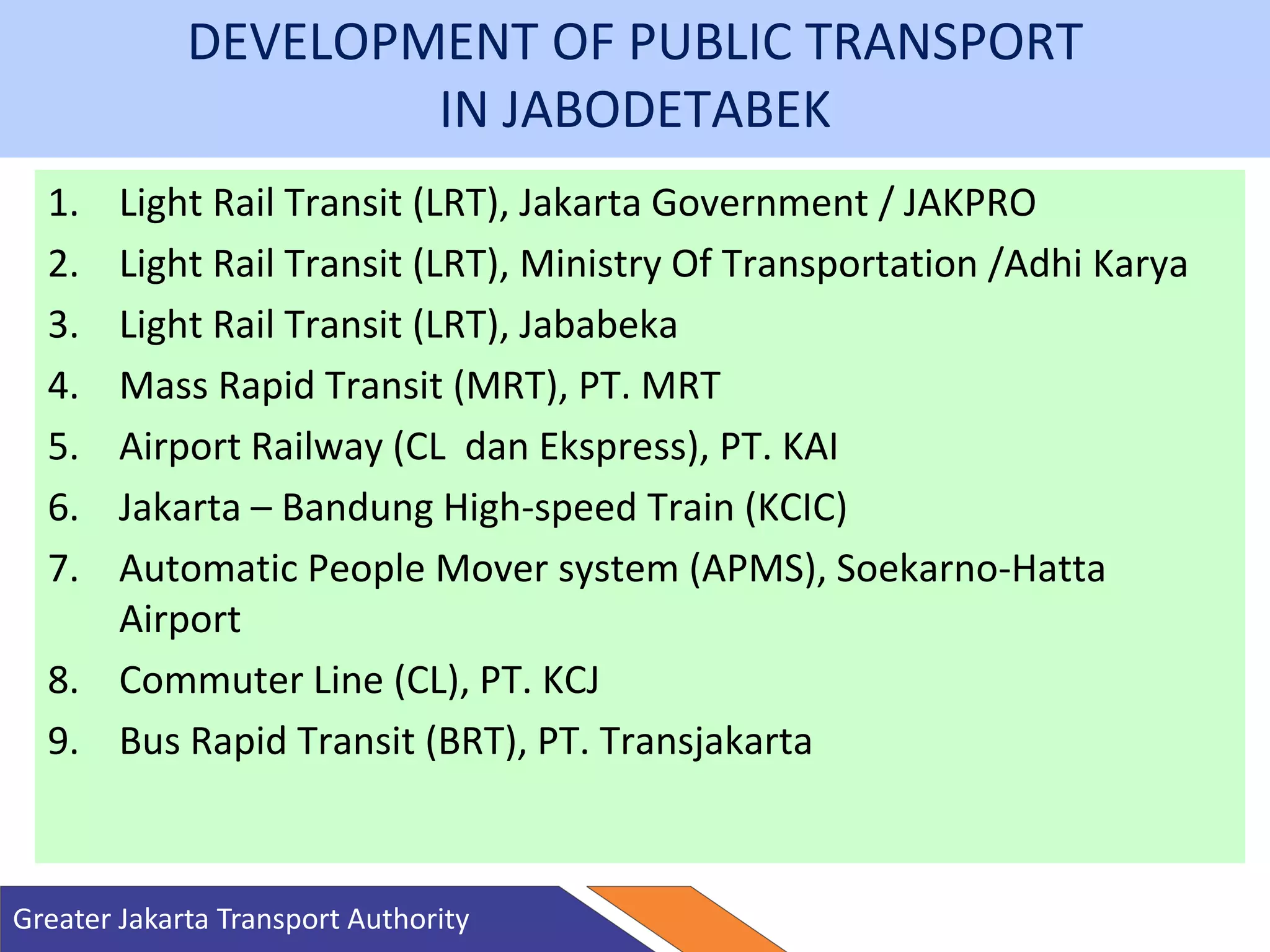DEVELOPMENT OF PUBLIC TRANSPORT
IN JABODETABEK
1. Light Rail Transit (LRT), Jakarta Government / JAKPRO
2. Light Rail Transit (LRT), Ministry Of Transportation /Adhi Karya
3. Light Rail Transit (LRT), Jababeka
4. Mass Rapid Transit (MRT), PT. MRT
5. Airport Railway (CL dan Ekspress), PT. KAI
6. Jakarta – Bandung High-speed Train (KCIC)
7. Automatic People Mover system (APMS), Soekarno-Hatta
Airport
8. Commuter Line (CL), PT. KCJ
9. Bus Rapid Transit (BRT), PT. Transjakarta
Greater Jakarta Transport Authority
 