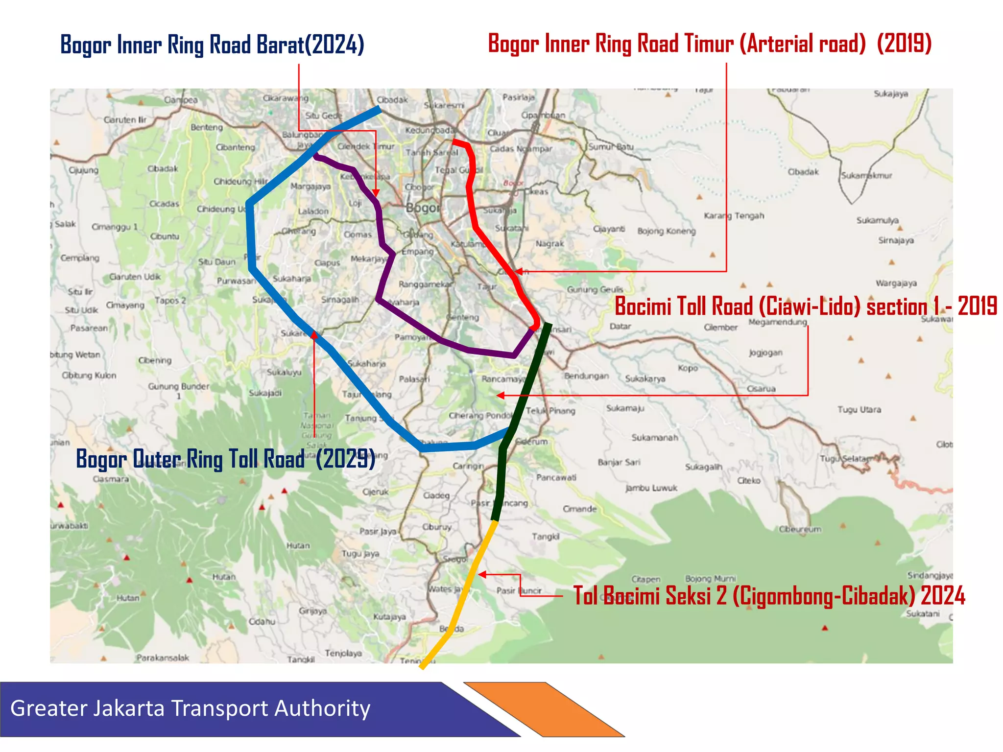 Bogor Inner Ring Road Timur (Arterial road) (2019)Bogor Inner Ring Road Barat(2024)
Bocimi Toll Road (Ciawi-Lido) section 1 - 2019
Tol Bocimi Seksi 2 (Cigombong-Cibadak) 2024
Bogor Outer Ring Toll Road (2029)
Greater Jakarta Transport Authority
 