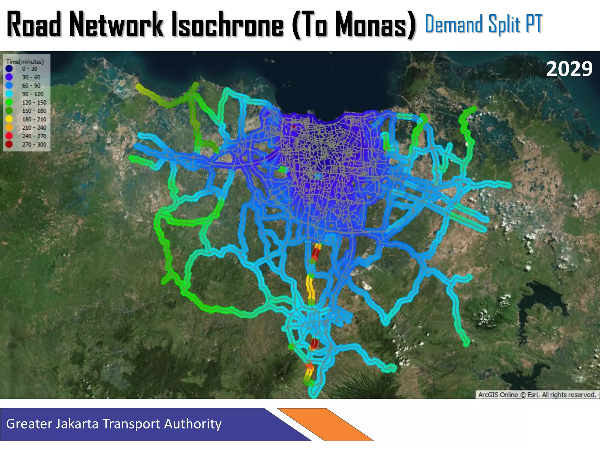 Road Network Isochrone (To Monas) Demand Split PT
201920242029
Greater Jakarta Transport Authority
 