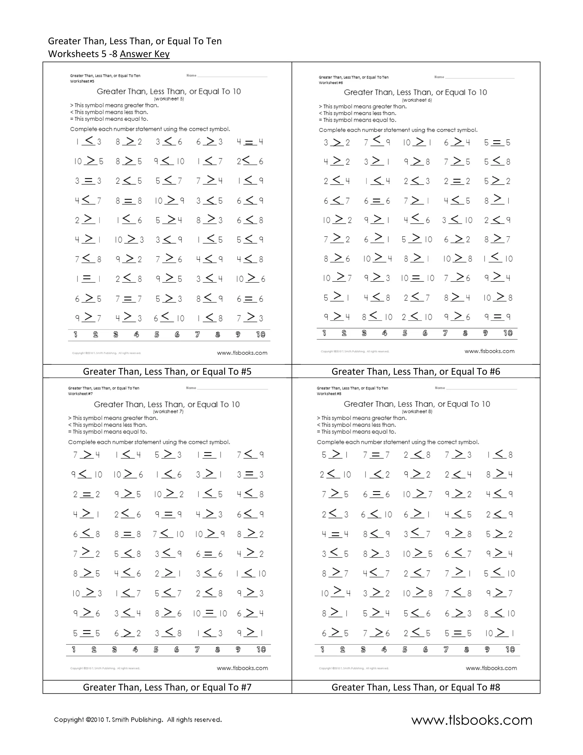 Greater Than, Less Than, or Equal To Ten
Worksheets 5 -8 Answer Key




        Greater Than, Less Than, or Equal To #5   Greater Than, Less Than, or Equal To #6




        Greater Than, Less Than, or Equal To #7   Greater Than, Less Than, or Equal To #8


                                                                    www.tlsbooks.com
 