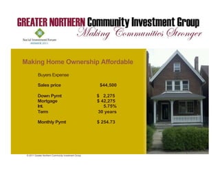 Making Home Ownership Affordable
           Buyers Expense

           Sales price                                 $44,500

          Down Pymt                                   $ 2,275
          Mortgage                                    $ 42,275
          Int.                                           5.75%
          Term                                        30 years

          Monthly Pymt                                $ 254.73




 © 2011 Greater Northern Community Investment Group
 