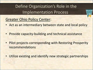 Define Organization’s Role in the
Implementation Process
Greater Ohio Policy Center:
• Act as an intermediary between state and local policy
• Provide capacity-building and technical assistance
• Pilot projects corresponding with Restoring Prosperity
recommendations
• Utilize existing and identify new strategic partnerships
 