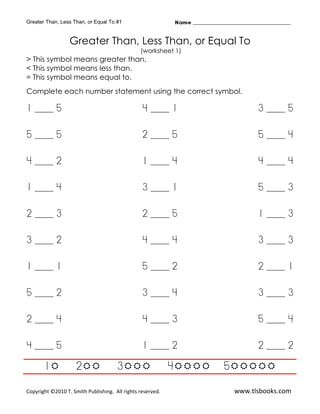 Greater Than, Less Than, or Equal To #1


                  Greater Than, Less Than, or Equal To
                                                (worksheet 1)
> This symbol means greater than.
< This symbol means less than.
= This symbol means equal to.
Complete each number statement using the correct symbol.

1 ____ 5                                         4 ____ 1                 3 ____ 5

5 ____ 5                                         2 ____ 5                 5 ____ 4

4 ____ 2                                         1 ____ 4                 4 ____ 4

1 ____ 4                                         3 ____ 1                 5 ____ 3

2 ____ 3                                         2 ____ 5                 1 ____ 3

3 ____ 2                                         4 ____ 4                 3 ____ 3

1 ____ 1                                         5 ____ 2                 2 ____ 1

5 ____ 2                                         3 ____ 4                 3 ____ 3

2 ____ 4                                         4 ____ 3                 5 ____ 4

4 ____ 5                                         1 ____ 2                 2 ____ 2

       1             2                3                     4   5

Copyright ©2010 T. Smith Publishing. All rights reserved.           www.tlsbooks.com
 