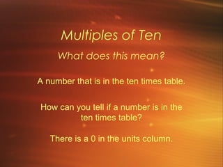 Multiples of Ten
What does this mean?
A number that is in the ten times table.
How can you tell if a number is in the
ten times table?
There is a 0 in the units column.
 