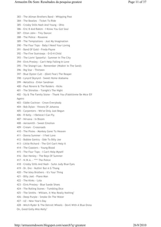 Armazém Do Som: Resultados da pesquisa greatest                     Page 11 of 37



 383 - The Allman Brothers Band - Whipping Post
 384 - The Beatles - Ticket To Ride
 385 - Crosby Stills Nash And Young - Ohio
 386 - Eric B And Rakim - I Know You Got Soul
 387 - Elton John - Tiny Dancer
 388 - The Police - Roxanne
 389 - The Temptations - Just My Imagination
 390 - The Four Tops - Baby I Need Your Loving
 391 - Band Of Gold - Freda Payne
 392 - The Five Stairsteps - O-O-H Child
 393 - The Lovin' Spoonful - Summer In The City
 394 - Elvis Presley - Can't Help Falling In Love
 395 - The Shangri-Las - Remember (Walkin' In The Sand)
 396 - Big Star - Thirteen
 397 - Blue Oyster Cult - (Dont Fear) The Reaper
 398 - Lynyrd Skynyrd - Sweet Home Alabama
 399 - Metallica - Enter Sandman
 400 - Paul Revere & The Raiders - Kicks
 401 - The Shirelles - Tonight's The Night
 402 - Sly & The Family Stone - Thank You (Falettinme Be Mice Elf
 Again)
 403 - Eddie Cochran - Cmon Everybody
 404 - Bob Dylan - Visions Of Johanna
 405 - Carpenters - We've Only Just Begun
 406 - R Kelly - I Believe I Can Fly
 407 - Nirvana - In Bloom
 408 - Aerosmith - Sweet Emotion
 409 - Cream - Crossroads
 410 - The Pixies - Monkey Gone To Heaven
 411 - Donna Summer - I Feel Love
 412 - Bobbie Gentry - Ode To Billy Joe
 413 - Little Richard - The Girl Can't Help It
 414 - The Coasters - Young Blood
 415 - The Four Tops - I Can't Help Myself
 416 - Don Henley - The Boys Of Summer
 417 - N.W.A. - **** The Police
 418 - Crosby Stills And Nash - Suite Judy Blue Eyes
 419 - Dr. Dre - Nuthin' But A G Thang
 420 - The Isley Brothers - It's Your Thing
 421 - Billy Joel - Piano Man
 422 - The Kinks - Lola
 423 - Elvis Presley - Blue Suede Shoes
 424 - The Rolling Stones - Tumbling Dice
 425 - The Smiths - William, It Was Really Nothing"
 426 - Deep Purple - Smoke On The Water
 427 - U2 - New Year's Day
 428 - Mitch Ryder & The Detroit Wheels - Devil With A Blue Dress
 On, Good Golly Miss Molly"




http://armazemdosom.blogspot.com/search?q=greatest                     26/8/2010
 