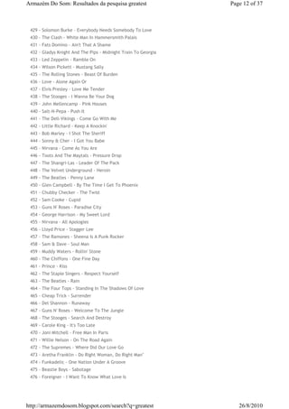 Armazém Do Som: Resultados da pesquisa greatest                 Page 12 of 37



 429 - Solomon Burke - Everybody Needs Somebody To Love
 430 - The Clash - White Man In Hammersmith Palais
 431 - Fats Domino - Ain't That A Shame
 432 - Gladys Knight And The Pips - Midnight Train To Georgia
 433 - Led Zeppelin - Ramble On
 434 - Wilson Pickett - Mustang Sally
 435 - The Rolling Stones - Beast Of Burden
 436 - Love - Alone Again Or
 437 - Elvis Presley - Love Me Tender
 438 - The Stooges - I Wanna Be Your Dog
 439 - John Mellencamp - Pink Houses
 440 - Salt-N-Pepa - Push It
 441 - The Dell-Vikings - Come Go With Me
 442 - Little Richard - Keep A Knockin'
 443 - Bob Marley - I Shot The Sheriff
 444 - Sonny & Cher - I Got You Babe
 445 - Nirvana - Come As You Are
 446 - Toots And The Maytals - Pressure Drop
 447 - The Shangri-Las - Leader Of The Pack
 448 - The Velvet Underground - Heroin
 449 - The Beatles - Penny Lane
 450 - Glen Campbell - By The Time I Get To Phoenix
 451 - Chubby Checker - The Twist
 452 - Sam Cooke - Cupid
 453 - Guns N' Roses - Paradise City
 454 - George Harrison - My Sweet Lord
 455 - Nirvana - All Apologies
 456 - Lloyd Price - Stagger Lee
 457 - The Ramones - Sheena Is A Punk Rocker
 458 - Sam & Dave - Soul Man
 459 - Muddy Waters - Rollin' Stone
 460 - The Chiffons - One Fine Day
 461 - Prince - Kiss
 462 - The Staple Singers - Respect Yourself
 463 - The Beatles - Rain
 464 - The Four Tops - Standing In The Shadows Of Love
 465 - Cheap Trick - Surrender
 466 - Del Shannon - Runaway
 467 - Guns N' Roses - Welcome To The Jungle
 468 - The Stooges - Search And Destroy
 469 - Carole King - It's Too Late
 470 - Joni Mitchell - Free Man In Paris
 471 - Willie Nelson - On The Road Again
 472 - The Supremes - Where Did Our Love Go
 473 - Aretha Franklin - Do Right Woman, Do Right Man"
 474 - Funkadelic - One Nation Under A Groove
 475 - Beastie Boys - Sabotage
 476 - Foreigner - I Want To Know What Love Is




http://armazemdosom.blogspot.com/search?q=greatest                 26/8/2010
 