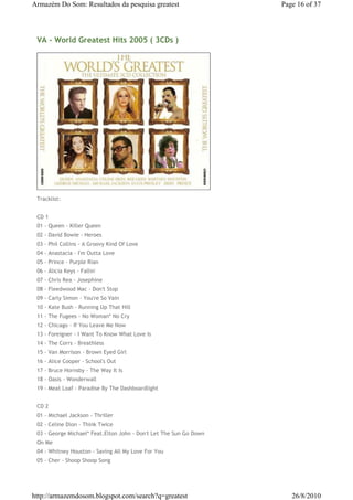 Armazém Do Som: Resultados da pesquisa greatest                     Page 16 of 37




 VA - World Greatest Hits 2005 ( 3CDs )




 Tracklist:


 CD 1
 01 - Queen - Killer Queen
 02 - David Bowie - Heroes
 03 - Phil Collins - A Groovy Kind Of Love
 04 - Anastacia - I'm Outta Love
 05 - Prince - Purple Rian
 06 - Álicia Keys - Fallin'
 07 - Chris Rea - Josephine
 08 - Fleedwood Mac - Don't Stop
 09 - Carly Simon - You're So Vain
 10 - Kate Bush - Running Up That Hill
 11 - The Fugees - No Woman* No Cry
 12 - Chicago - If You Leave Me Now
 13 - Foreigner - I Want To Know What Love Is
 14 - The Corrs - Breathless
 15 - Van Morrison - Brown Eyed Girl
 16 - Alice Cooper - School's Out
 17 - Bruce Hornsby - The Way It Is
 18 - Oasis - Wonderwall
 19 - Meat Loaf - Paradise By The Dashboardlight


 CD 2
 01 - Michael Jackson - Thriller
 02 - Celine Dion - Think Twice
 03 - George Michael* Feat.Elton John - Don't Let The Sun Go Down
 On Me
 04 - Whitney Houston - Saving All My Love For You
 05 - Cher - Shoop Shoop Song




http://armazemdosom.blogspot.com/search?q=greatest                     26/8/2010
 