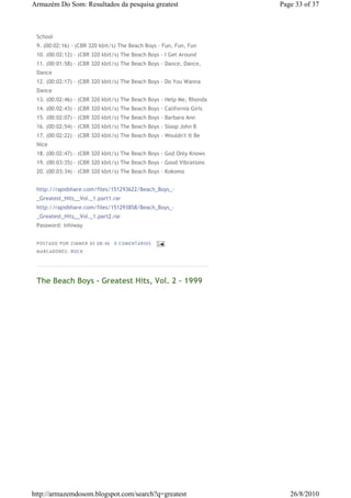 Armazém Do Som: Resultados da pesquisa greatest                        Page 33 of 37



 School
 9. (00:02:16) - (CBR 320 kbit/s) The Beach Boys - Fun, Fun, Fun
 10. (00:02:12) - (CBR 320 kbit/s) The Beach Boys - I Get Around
 11. (00:01:58) - (CBR 320 kbit/s) The Beach Boys - Dance, Dance,
 Dance
 12. (00:02:17) - (CBR 320 kbit/s) The Beach Boys - Do You Wanna
 Dance
 13. (00:02:46) - (CBR 320 kbit/s) The Beach Boys - Help Me, Rhonda
 14. (00:02:43) - (CBR 320 kbit/s) The Beach Boys - California Girls
 15. (00:02:07) - (CBR 320 kbit/s) The Beach Boys - Barbara Ann
 16. (00:02:54) - (CBR 320 kbit/s) The Beach Boys - Sloop John B
 17. (00:02:22) - (CBR 320 kbit/s) The Beach Boys - Wouldn't It Be
 Nice
 18. (00:02:47) - (CBR 320 kbit/s) The Beach Boys - God Only Knows
 19. (00:03:35) - (CBR 320 kbit/s) The Beach Boys - Good Vibrations
 20. (00:03:34) - (CBR 320 kbit/s) The Beach Boys - Kokomo


 http://rapidshare.com/files/151293622/Beach_Boys_-
 _Greatest_Hits__Vol._1.part1.rar
 http://rapidshare.com/files/151293858/Beach_Boys_-
 _Greatest_Hits__Vol._1.part2.rar
 Password: inhiway


 P OSTA DO P OR ZI MMER ÀS 08 : 46   0 COME NTÁ RIO S
 MA RCADO RES: ROC K




 The Beach Boys - Greatest Hits, Vol. 2 - 1999




http://armazemdosom.blogspot.com/search?q=greatest                        26/8/2010
 