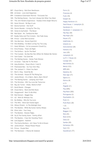 Armazém Do Som: Resultados da pesquisa greatest                                            Page 5 of 37



 097 - Chuck Berry - Roll Over Beethoven                            Forro (3)
 098 - Al Green - Love And Happiness                                Francesa (4)
 099 - Creedence Clearwater Revival - Fortunate Son                 Funk (18)
 100 - The Rolling Stones - You Can't Always Get What You Want      Gospel (6)
 101 - The Jimi Hendrix Experience - Voodoo Child (Slight Return)
                                                                    Happy Hardcore (1)
 102 - Gene Vincent - Be Bop A Lula
                                                                    Hard House // Jumpstyle (2)
 103 - Donna Summer - Hot Stuff
                                                                    Hardstyle (1)
 104 - Stevie Wonder - Living For The City
                                                                    Hardstyle // Jumpstyle (1)
 105 - Simon & Garfunkel - The Boxer
 106 - Bob Dylan - Mr. Tambourine Man                               Hip Hop (38)

 107 - Buddy Holly And The Crickets - Not Fade Away                 Hip Hope (25)
 108 - Prince - Little Red Corvette                                 House (17)
 109 - Van Morrison - Brown Eyed Girl                               Indefinida (1)
 110 - Otis Redding - I've Been Loving You Too Long                 Infantil (3)
 111 - Hank Williams - I'm So Lonesome I Could Cry                  Instrumental (28)
 112 - Elvis Presley - That's All Right                             Italiana (13)
 113 - The Drifters - Up On The Roof
                                                                    Jazz (20)
 114 - The Crystals - Da Doo Ron Ron (When He Walked Me Home)
                                                                    Jumpstyle (4)
 115 - Sam Cooke - You Send Me
                                                                    Lo-Fi // House (2)
 116 - The Rolling Stones - Honky Tonk Woman
                                                                    Lounge (22)
 117 - Al Green - Take Me To The River
 118 - Isley Brothers - Shout (Parts 1 And 2)                       Marchinhas (3)

 119 - Fleetwood Mac - Go Your Own Way                              Metal (122)
 120 - The Jackson 5 - I Want You Back                              MPB (64)
 121 - Ben E. King - Stand By Me                                    Natalina (5)
 122 - The Animals - House Of The Rising Sun                        New Age (17)
 123 - James Brown - It's A Man's, Man's, Man's World"              Opera (1)
 124 - The Rolling Stones - Jumping Jack Flash                      Outros (8)
 125 - The Shirelles - Will You Love Me Tomorrow
                                                                    p (1)
 126 - Big Joe Turner - Shake, Rattle & Roll"
                                                                    Pagode (21)
 127 - David Bowie - Changes
                                                                    Pop (696)
 128 - Chuck Berry - Rock And Roll Music
                                                                    Pop Rock (282)
 129 - Steppenwolf - Born To Be Wild
 130 - Rod Stewart - Maggie May                                     Portuguesa (2)
 131 - U2 - With Or Without You                                     Psychedelic (3)
 132 - Bo Diddley - Who Do You Love                                 Punk (1)
 133 - The Who - Wont Get Fooled Again                              Punk Rock (38)
 134 - Wilson Pickett - In The Midnight Hour                        r (2)
 135 - The Beatles - While My Guitar Gently Weeps                   Rap (17)
 136 - Elton John - Your Song
                                                                    Reggae (13)
 137 - The Beatles - Eleanor Rigby
                                                                    Rnb (25)
 138 - Sly & The Family Stone - Family Affair
                                                                    Rock (616)
 139 - The Beatles - I Saw Her Standing There
                                                                    Salsa (2)
 140 - Led Zeppelin - Kashmir
 141 - The Everly Brothers - All I Have To Do Is Dream              Samba (30)

 142 - James Brown - Please Please Please                           Sertaneja (39)
 143 - Prince - Purple Rain                                         Soul (13)
 144 - The Ramones - I Wanna Be Sedated                             Soundtrack (77)




http://armazemdosom.blogspot.com/search?q=greatest                                               26/8/2010
 