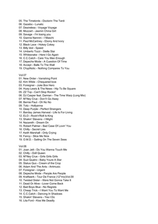 05. The Timelords - Doctorin The Tardi
06. Gazebo - Lunatic
07. Desireless - Voyage Voyage
08. Mozzart - Jasmin China Girl
09. Savage - I'm losing you
10. Gianna Nannini - I Maschi
11. Paul McCartney - Ebony And Ivory
12. Black Lace - Hokey Cokey
13. Billy Idol - Speed
14. Umberto Tozzi - Stella Stai
15. Whitesnake - Here I Go Again
16. C.C.Catch - Care You Man Enough
17. Depeche Mode - A Cuestion Of Time
18. Accept - Balls To The Wall
19. ChypNotic - Nothing Compares To You

Vol.07
01. New Order - Vanishing Point
02. Kim Wilde - Chequered love
03. Foreigner - Juke Box Hero
04. Huey Lewis & The News - Hip To Be Square
05. ZZ Top - Can't Stop Rockin'
06. DJ Casper feat. Damian - The Time Warp (Long Mix)
07. M?tley Crue - Don1t Go Away
08. Bernie Paul - Oh No No
09. Toto - Hollyanna
10. Deep Purple - Perfect Strangers
11. Barclay James Harvest - Life Is For Living
12. ELO - Rock'n'Roll Is King
13. Shakin' Stevens - I Might
14. Nazareth - Dream On
15. Robert Palmer - Bad Case Of Lovin' You
16. Chilly - Secret Lies
17. Keith Marshall - Only Crying
18. Fancy - Slice Me Nice
19. O.M.D. - Sailing On The Seven Seas

Vol.08
01. Joan Jett - Do You Wanna Touch Me
02. Chilly - Doll Queen
03. M?tley Crue - Girls Girls Girls
04. Suzi Quatro - Baby Youre A Star
05. Status Quo - Cream of the Crop
06. Adam And The Ants - Antmusic
07. Foreigner - Urgent
08. Depeche Mode - People Are People
09. Kraftwerk - Tour De France (12''mix)Vol.09
10. Twisted Sister - Were Not Gonna Take It
11. Dead Or Alive - Lover Come Back
12. Bad Boys Blue - No Regrets
13. Cheap Trick - I Want You To Want Me
14. C.C.Catch - Dancing In Shadows
15. Shakin' Stevens - Yes I Do
16. Lita Ford - Kiss Me Deadly
 