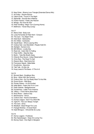 10. New Order - Bizarre Love Triangle (Extended Dance Mix)
11. Al Corley - Square Rooms
12. Cilent Circle - Touch In The Night
13. Alphaville - Sounds like A Melody
14. Fiction Factory - Feels Like Heaven
15. Mirage - No more No War
16. Peter Schilling - Major Tom (Coming Home)
17. Baltimora - Tarzan Boy (Long)

Vol.17
01. Maria Vidal - Body rock
02. Luisa Fernandez & Peter Kent - Corazon
03. The Cars - You Might Think
04. Kate Bush - Babooshka
05. Kim Wilde - Cambodia
06. Hazell Dean - Who's Leaving Who
07. Coldcut feat. Lisa Stansfield - People Hold On
08. Starlight - Numero Uno
09. Bill Withers - Lovely Day
10. Real Life - Catch Me I'm Falling
11. Peter Griffin - Step By Step
12. Berlin - Take My Breath Away
13. Orlando Riva Sound - Indian Reservation
14. Chris Rea - The Road To Hell
15. Deacon Blue - Real Gone Kid
16. Francesco Napoli - Balla Balla
17. Eurythmics - Sexcrime
18. Talk Talk - It's My Life
19. Huey Lewis & The News - If This Is It

Vol.18
01. Bronski Beat - Smalltown Boy
02. Bros - When Will I Be Famous
03. Culture Club - Do You Realy Want To Hurt Me
04. Duran Duran - Wild Boys
05. Pointer Sisters - I'm So Excited
06. Kelly Marie - Feels Like I'm In Love
07. Peter Gabriel - Sledgehammer
08. Proclaimers - Letter From America
09. Tiffany - I Think We're Alone Now
10. Roxy Music - Jealous Gay
11. Bananarama - Venus
12. Culture Club - Karma Chameleon
13. Human League - Don't You Want Me
14. Tight Fit - The Lion Sleeps Tonight
15. The Cars - Drive
16. Meatloaf - Dead Ringer For Love
17. Feargal Sharkey - A Good Heart
18. Kylie Minogue - I Should Be So Lucky

Vol.19
01. Kenny Loggins - Footloose
02. Reo Speedwagon - Keep On Loving You
03. Murray Head - One Night in Bangkok
 