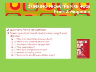 DRINKING FROM THE FIRE HOSE
                               Frank & Magnone



 Spray and Pray is too common
 Seven questions based on discovery, insight, and
  delivery:
      1. What is the essential business question?
      2. Where is your customer’s North Star?
      3. Should you believe the squiggly line?
      4. What surprised you?
      5. What does the lighthouse reveal?
      6. Who are your swing voters?
      7. The three Ws: What? So what? Now what?
 