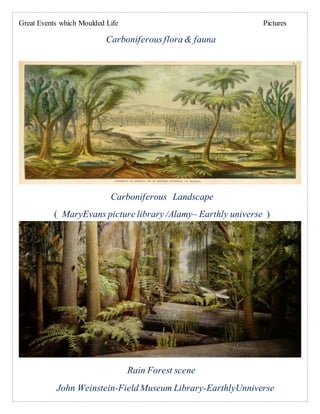 Great Events which Moulded Life Pictures
Carboniferousflora & fauna
Carboniferous Landscape
( MaryEvans picture library /Alamy– Earthly universe )
Rain Forest scene
John Weinstein-Field Museum Library-EarthlyUnniverse
 