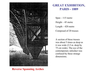 GREAT EXHIBITION, PARIS - 1889 Reverse Spanning Arches Span – 115 metre Height – 45 metre Length – 420 metre Composed of 20 trusses A section of these trusses was about 5 times as deep as it was wide (3.5 m. deep by 75 cm wide). The eye of the contemporary onlooker was confused by these strange dimensions.  