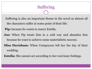 Suffering
Suffering is also an important theme in the novel as almost all
the characters suffer at some point of their life:
Pip: because he wants to marry Estella.
Joe: When Pip treats him in a cold way and abandon him
because he want to achieve some materialistic success.
Miss Havisham: When Compeyson left her the day of their
wedding.
Estella: She cannot act according to her real inner feelings.
 