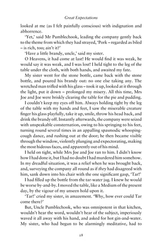 Great Expectations

looked at me (as I felt painfully conscious) with indignation and
abhorrence.
   ‘Yet,’ said Mr Pumblechook, leading the company gently back
to the theme from which they had strayed, ‘Pork – regarded as biled
– is rich, too; ain’t it?’
   ‘Have a little brandy, uncle,’ said my sister.
   O Heavens, it had come at last! He would ﬁnd it was weak, he
would say it was weak, and I was lost! I held tight to the leg of the
table under the cloth, with both hands, and awaited my fate.
   My sister went for the stone bottle, came back with the stone
bottle, and poured his brandy out: no one else taking any. The
wretched man triﬂed with his glass – took it up, looked at it through
the light, put it down – prolonged my misery. All this time, Mrs
Joe and Joe were briskly clearing the table for the pie and pudding.
   I couldn’t keep my eyes off him. Always holding tight by the leg
of the table with my hands and feet, I saw the miserable creature
ﬁnger his glass playfully, take it up, smile, throw his head back, and
drink the brandy off. Instantly afterwards, the company were seized
with unspeakable consternation, owing to his springing to his feet,
turning round several times in an appalling spasmodic whooping-
cough dance, and rushing out at the door; he then became visible
through the window, violently plunging and expectorating, making
the most hideous faces, and apparently out of his mind.
   I held on tight, while Mrs Joe and Joe ran to him. I didn’t know
how I had done it, but I had no doubt I had murdered him somehow.
In my dreadful situation, it was a relief when he was brought back,
and, surveying the company all round as if they had disagreed with
him, sank down into his chair with the one signiﬁcant gasp, ‘Tar!’
   I had ﬁlled up the bottle from the tar-water jug. I knew he would
be worse by-and-by. I moved the table, like a Medium of the present
day, by the vigour of my unseen hold upon it.
   ‘Tar!’ cried my sister, in amazement. ‘Why, how ever could Tar
come there?’
   But, Uncle Pumblechook, who was omnipotent in that kitchen,
wouldn’t hear the word, wouldn’t hear of the subject, imperiously
waved it all away with his hand, and asked for hot gin-and-water.
My sister, who had begun to be alarmingly meditative, had to

                                 28
 