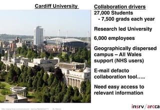 Cardiff University            Collaboration drivers
                                                                27,000 Students
                                                                 - 7,500 grads each year
                                                                !
                                                                Research led University
                                                                !

                                                                6,000 employees
                                                                !
                                                                Geographically dispersed
                                                                campus – All Wales
                                                                support (NHS users)
                                                                !
                                                                E-mail defacto
                                                                collaboration tool…..
                                                                !
                                                                Need easy access to
                                                                relevant information !
                                                                !
                                                                !
http://www.ﬂickr.com/photos/sir_mervs/2804845277/ - Sir Mervs
 