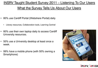 INSRV Taught Student Survey 2011 – Listening To Our Users
                 What the Survey Tells Us About Our Users

•  80% use Cardiff Portal (Webshere Portal) daily

  •  Library resources, Collaboration tools, Learning Central


•  80% use their own laptop daily to access Cardiff
   University resources.

•  50% use a University desktop at least once a
   week.

•  99% have a mobile phone (with 50% owning a
   Smartphone)
 
