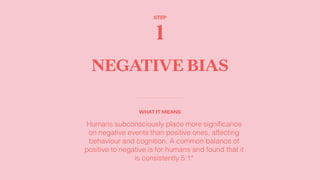 NEGATIVE BIAS
WHAT IT MEANS
Humans subconsciously place more signiﬁcance
on negative events than positive ones, affecting
...