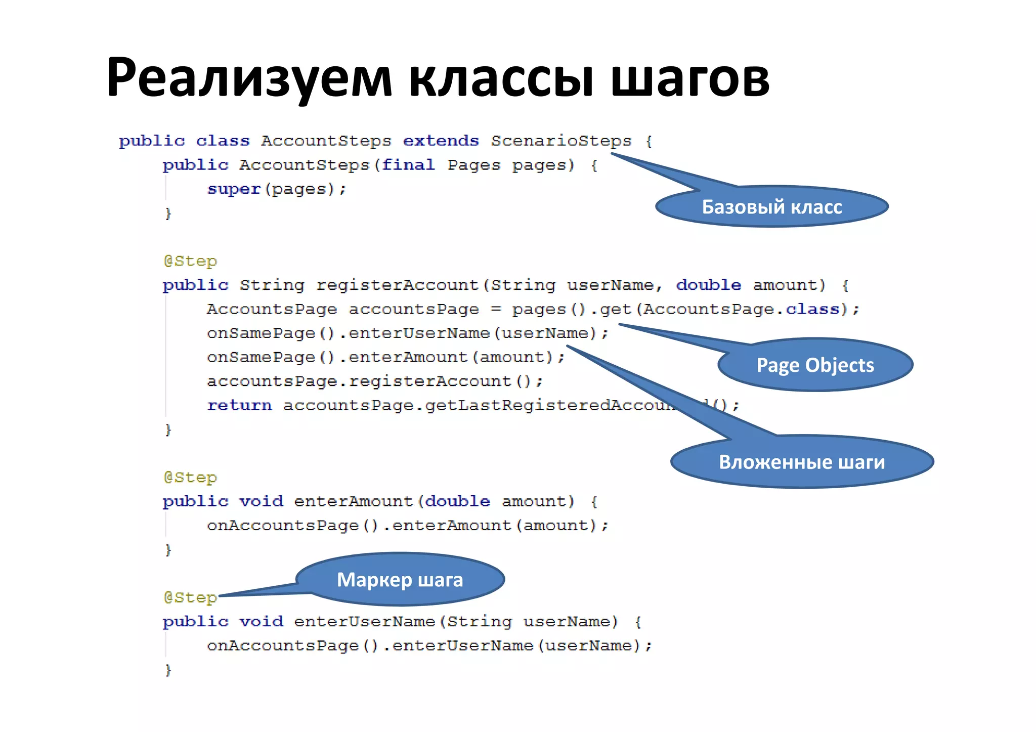 Реализуем классы шагов
                     Базовый класс




                          Page Objects



                      Вложенные шаги




       Маркер шага
 