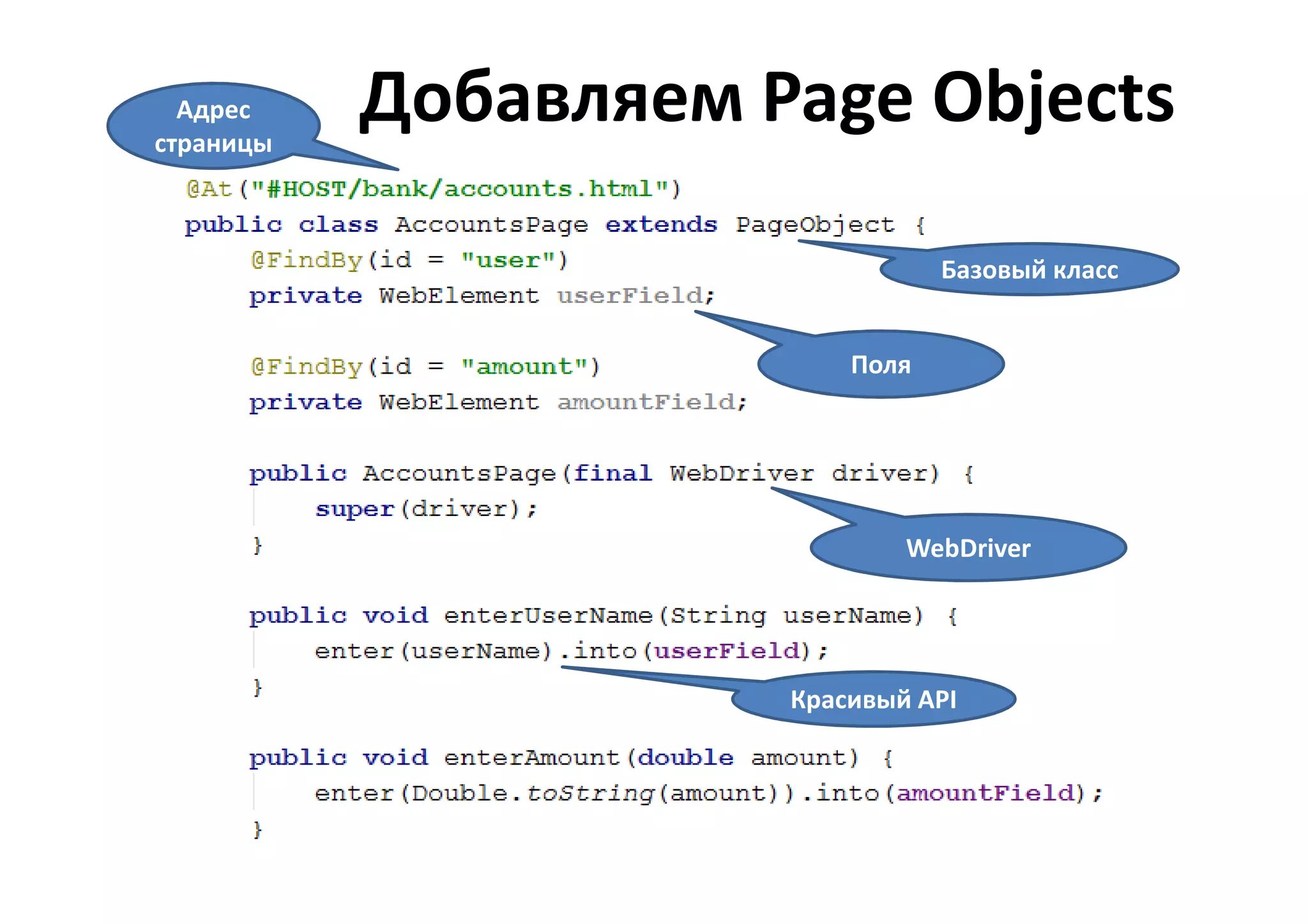 Адрес
страницы
           Добавляем Page Objects

                                 Базовый класс


                          Поля




                              WebDriver




                      Красивый API
 