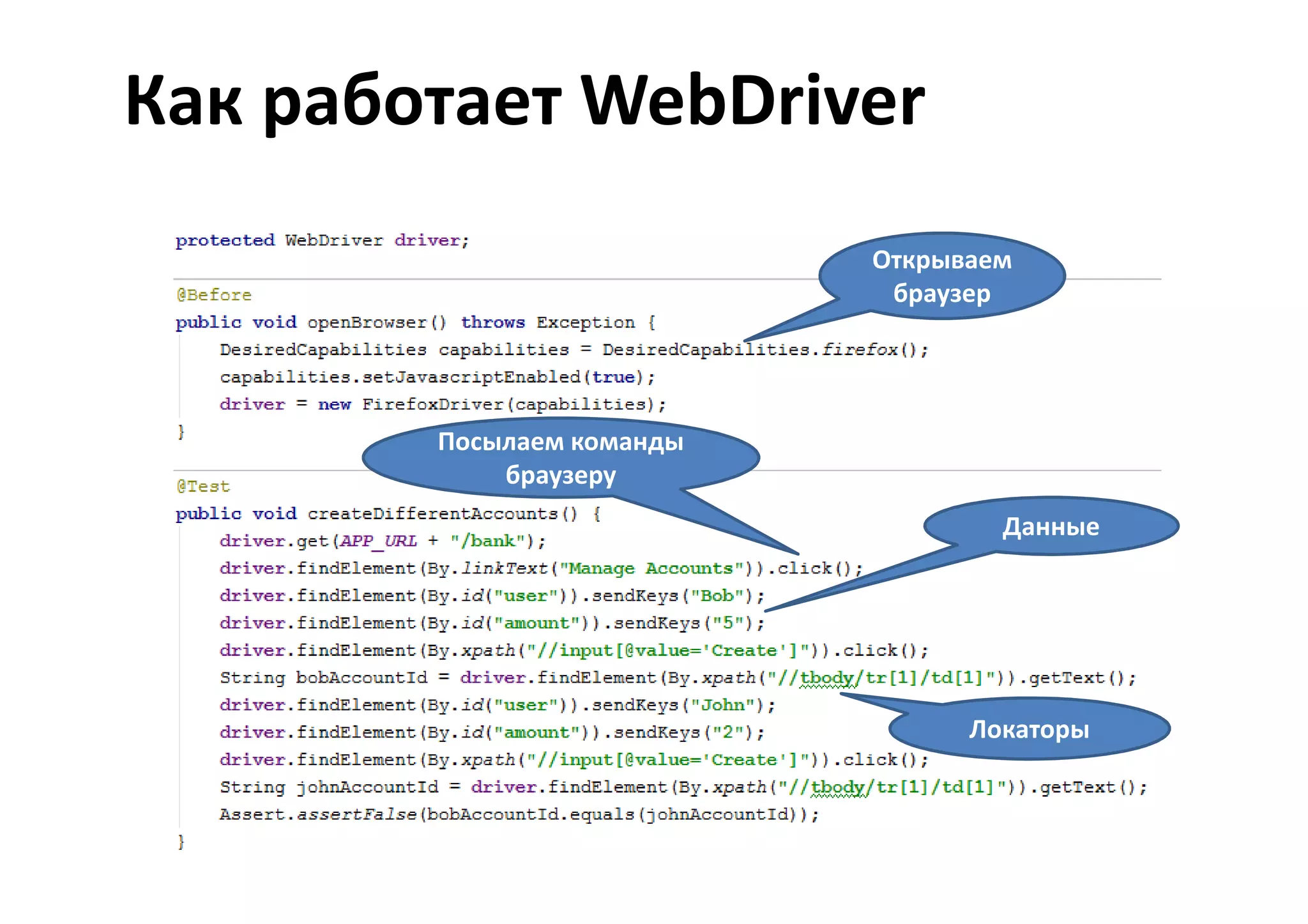 Как работает WebDriver
                           Открываем
                            браузер




        Посылаем команды
            браузеру
                                   Данные




                                 Локаторы
 