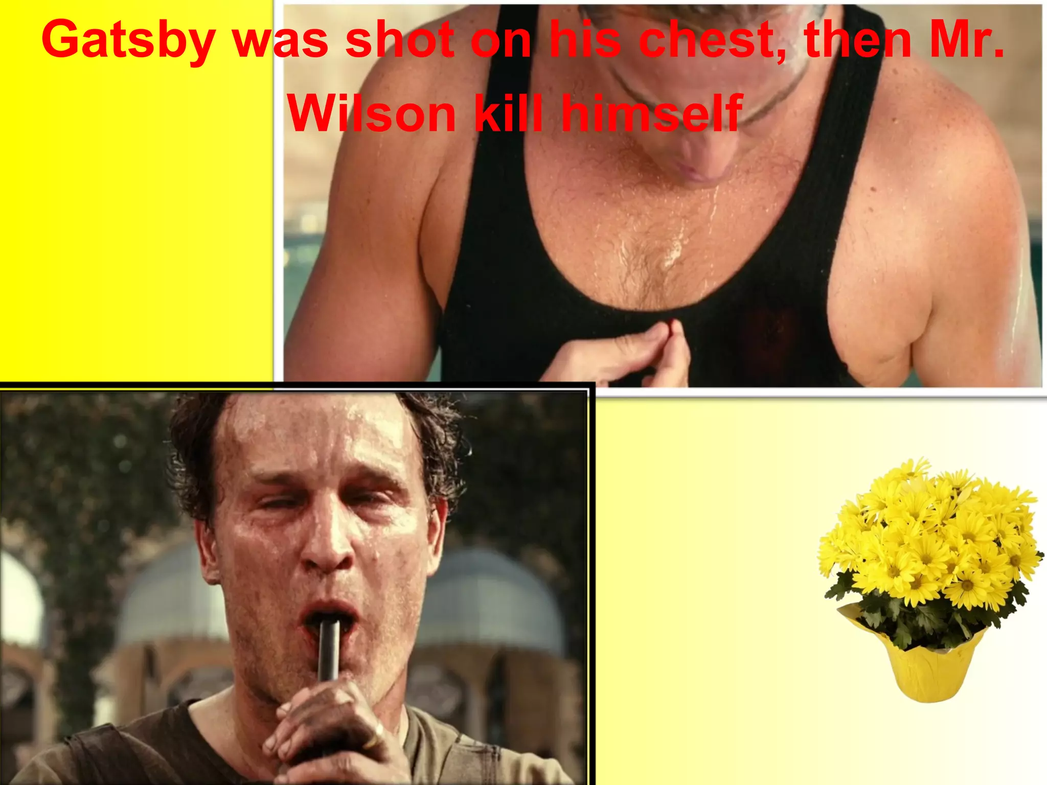 Gatsby was shot on his chest, then Mr. 
Wilson kill himself 
 