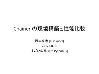 Chainer の環境構築と性能比較
西本卓也 (nishimotz)
2017-08-30
すごい広島 with Python [5]
 