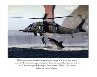 This image was was made by pasting an image of a breaching shark,
taken by South African photographer Charles Maxwell, into a picture of
a USAF helicopter hovering in front of the Golden Gate Bridge
taken by Lance Cheung.

 