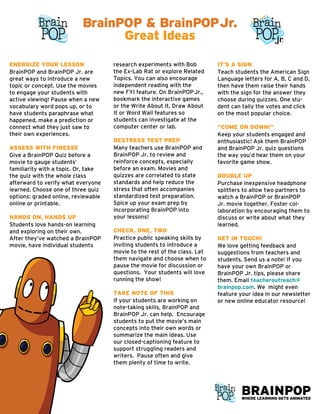 BrainPOP & BrainPOP Jr.
                                 Great Ideas

ENERGIZE YOUR LESSON                 research experiments with Bob         IT’S A SIGN
BrainPOP and BrainPOP Jr. are        the Ex-Lab Rat or explore Related     Teach students the American Sign
great ways to introduce a new        Topics. You can also encourage        Language letters for A, B, C and D,
topic or concept. Use the movies     independent reading with the          then have them raise their hands
to engage your students with         new FYI feature. On BrainPOP Jr.,     with the sign for the answer they
active viewing! Pause when a new     bookmark the interactive games        choose during quizzes. One stu-
vocabulary word pops up, or to       or the Write About It, Draw About     dent can tally the votes and click
have students paraphrase what        It or Word Wall features so           on the most popular choice.
happened, make a prediction or       students can investigate at the
connect what they just saw to        computer center or lab.               “COME ON DOWN!”
their own experiences.                                                     Keep your students engaged and
                                     DESTRESS TEST PREP                    enthusiastic! Ask them BrainPOP
ASSESS WITH FINESSE                  Many teachers use BrainPOP and        and BrainPOP Jr. quiz questions
Give a BrainPOP Quiz before a        BrainPOP Jr. to review and            the way you’d hear them on your
movie to gauge students’             reinforce concepts, especially        favorite game show.
familiarity with a topic. Or, take   before an exam. Movies and
the quiz with the whole class        quizzes are correlated to state       DOUBLE UP
afterward to verify what everyone    standards and help reduce the         Purchase inexpensive headphone
learned. Choose one of three quiz    stress that often accompanies         splitters to allow two partners to
options: graded online, reviewable   standardized test preparation.        watch a BrainPOP or BrainPOP
online or printable.                 Spice up your exam prep by            Jr. movie together. Foster col-
                                     incorporating BrainPOP into           laboration by encouraging them to
HANDS ON, HANDS UP                   your lessons!                         discuss or write about what they
Students love hands-on learning                                            learned.
and exploring on their own.          CHECK, ONE, TWO
After they’ve watched a BrainPOP     Practice public speaking skills by    GET IN TOUCH!
movie, have individual students      inviting students to introduce a      We love getting feedback and
                                     movie to the rest of the class. Let   suggestions from teachers and
                                     them navigate and choose when to      students. Send us a note! If you
                                     pause the movie for discussion or     have your own BrainPOP or
                                     questions. Your students will love    BrainPOP Jr. tips, please share
                                     running the show!                     them. Email teacheroutreach@
                                                                           brainpop.com. We might even
                                     TAKE NOTE OF THIS                     feature your idea in our newsletter
                                     If your students are working on       or new online educator resource!
                                     note-taking skills, BrainPOP and
                                     BrainPOP Jr. can help. Encourage
                                     students to put the movie’s main
                                     concepts into their own words or
                                     summarize the main ideas. Use
                                     our closed-captioning feature to
                                     support struggling readers and
                                     writers. Pause often and give
                                     them plenty of time to write.
 