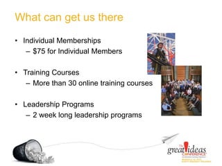 What can get us there
• Individual Memberships
– $75 for Individual Members
• Training Courses
– More than 30 online training courses
• Leadership Programs
– 2 week long leadership programs
 