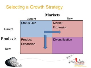 Selecting a Growth Strategy
Status Quo Market
Expansion
Product
Expansion
Diversification
Markets
Products
Current New
New
Current
 