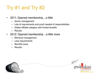 Try #1 and Try #2
• 2011: Opened membership…a little
– Senior management
– Lots of requirements and proof needed of responsibilities
– Added affiliate category with limited benefits
– Results
• 2012: Opened membership…a little more
– Mid-level management
– Less requirements
– Benefits issue
– Results
 
