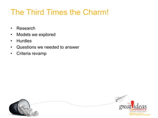 The Third Times the Charm!
• Research
• Models we explored
• Hurdles
• Questions we needed to answer
• Criteria revamp
 