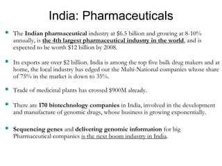 India: Pharmaceuticals
 The Indian pharmaceutical industry at $6.5 billion and growing at 8-10%
annually, is the 4th largest pharmaceutical industry in the world, and is
expected to be worth $12 billion by 2008.
 Its exports are over $2 billion. India is among the top five bulk drug makers and at
home, the local industry has edged out the Multi-National companies whose share
of 75% in the market is down to 35%.
 Trade of medicinal plants has crossed $900M already.
 There are 170 biotechnology companies in India, involved in the development
and manufacture of genomic drugs, whose business is growing exponentially.
 Sequencing genes and delivering genomic information for big
Pharmaceutical companies is the next boom industry in India.
 