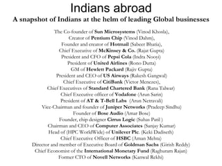 Indians abroad
A snapshot of Indians at the helm of leading Global businesses
The Co-founder of Sun Microsystems (Vinod Khosla),
Creator of Pentium Chip (Vinod Dahm),
Founder and creator of Hotmail (Sabeer Bhatia),
Chief Executive of McKinsey & Co. (Rajat Gupta)
President and CFO of Pepsi Cola (Indra Nooyi)
President of United Airlines (Rono Dutta)
GM of Hewlett Packard (Rajiv Gupta)
President and CEO of US Airways (Rakesh Gangwal)
Chief Executive of CitiBank (Victor Menezes),
Chief Executives of Standard Chartered Bank (Rana Talwar)
Chief Executive officer of Vodafone (Arun Sarin)
President of AT & T-Bell Labs (Arun Netravali)
Vice-Chairman and founder of Juniper Networks (Pradeep Sindhu)
Founder of Bose Audio (Amar Bose)
Founder, chip designer Cirrus Logic (Suhas Patil )
Chairman and CEO of Computer Associates (Sanjay Kumar)
Head of (HPC WorldWide) of Unilever Plc. (Keki Dadiseth)
Chief Executive Officer of HSBC (Aman Mehta)
Director and member of Executive Board of Goldman Sachs (Girish Reddy)
Chief Economist of the International Monetary Fund (Raghuram Rajan)
Former CTO of Novell Networks (Kanwal Rekhi)
 