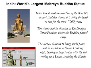 India has started construction of the World’s
largest Buddha statue, it is being designed
to last for the next 1,000 years.
The statue will be situated at Kushinagar,
Uttar Pradesh, where the Buddha passed
away.
The statue, destined to bring world peace,
will be seated on a throne 17-storeys
high, housing a huge temple with the feet
resting on a Lotus, touching the Earth.
India: World's Largest Maitreya Buddha Statue
 