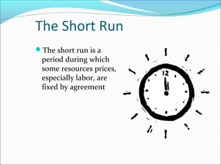 The Short Run
The short run is a

period during which
some resources prices,
especially labor, are
fixed by agreement

 