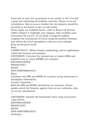 Great job on your last assessment in our course so far! You did
a great job explaining all methods correctly. Please revise all
calculations, then re-assess whether the two projects should be
accepted or not based on the revised results.
Please apply my feedback below, refer to Weaver & Weston
(2001) Chapter 9, highlight your changes, then resubmit your
assessment for review. If you think it might be helpful,
complete the calculations in Excel using the prebuilt formulas
and submit the Excel spreadsheet with your next attempt.
Keep up the great work!
Dana
COMPETENCY: Define finance terminology and its application
within the business environment.
CRITERION: Calculate the internal rate or return (IRR) and
modified rate or return (MIRR) for a project.
DISTINGUISHED
PROFICIENT
BASIC
NON-PERFORMANCE
Basic
Calculates the IRR and MIRR for a project using inaccurate or
incomplete information.
Faculty Comments:“
Both the IRR and MIRR calculations are incorrect. Please
double-check the formulas against those in our textbooks, then
revise the calculations!
”
CRITERION: Identify the benchmark when using net present
value (NVP).
DISTINGUISHED
PROFICIENT
BASIC
NON-PERFORMANCE
Proficient
 