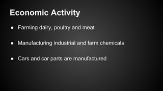 Economic Activity
● Farming dairy, poultry and meat
● Manufacturing industrial and farm chemicals
● Cars and car parts are manufactured