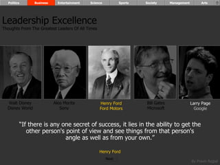 “ If there is any one secret of success, it lies in the ability to get the other person's point of view and see things from that person's angle as well as from your own.” Henry Ford Walt Disney Disney World Henry Ford Ford Motors Bill Gates Microsoft Larry Page Google Akio Morita Sony Leadership Excellence Thoughts From The Greatest Leaders Of All Times  Politics Business Entertainment Science Sports Society Management Arts Next  
