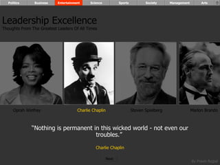 “ Nothing is permanent in this wicked world - not even our troubles.”  Charlie Chaplin Oprah Winfrey Charlie Chaplin Steven Spielberg Marlon Brando Leadership Excellence Thoughts From The Greatest Leaders Of All Times  Politics Business Entertainment Science Sports Society Management Arts Next  