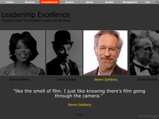 “ like the smell of film. I just like knowing there's film going through the camera.”  Steven Spielberg Oprah Winfrey Charlie Chaplin Steven Spielberg Marlon Brando Leadership Excellence Thoughts From The Greatest Leaders Of All Times  Politics Business Entertainment Science Sports Society Management Arts Next  
