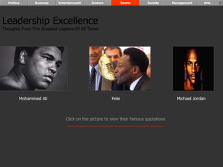Mohammed Ali Pele Michael Jordan Leadership Excellence Thoughts From The Greatest Leaders Of All Times  Politics Business Entertainment Science Sports Society Management Arts Click on the picture to view their famous quotations 