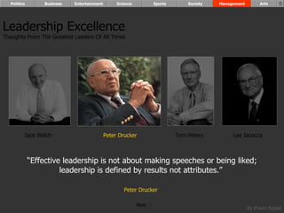 “ Effective leadership is not about making speeches or being liked; leadership is defined by results not attributes.”  Peter Drucker   Leadership Excellence Thoughts From The Greatest Leaders Of All Times  Jack Welch Peter Drucker Tom Peters Lee Iacocca Politics Business Entertainment Science Sports Society Management Arts Next  