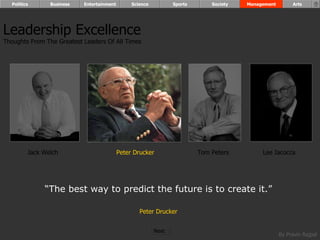 “ The best way to predict the future is to create it.”  Peter Drucker   Leadership Excellence Thoughts From The Greatest Leaders Of All Times  Jack Welch Peter Drucker Tom Peters Lee Iacocca Politics Business Entertainment Science Sports Society Management Arts Next  
