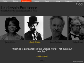 “ Nothing is permanent in this wicked world - not even our troubles.”  Charlie Chaplin Oprah Winfrey Charlie Chaplin Steven Spielberg Marlon Brando Leadership Excellence Thoughts From The Greatest Leaders Of All Times  Politics Business Entertainment Science Sports Society Management Arts Next  